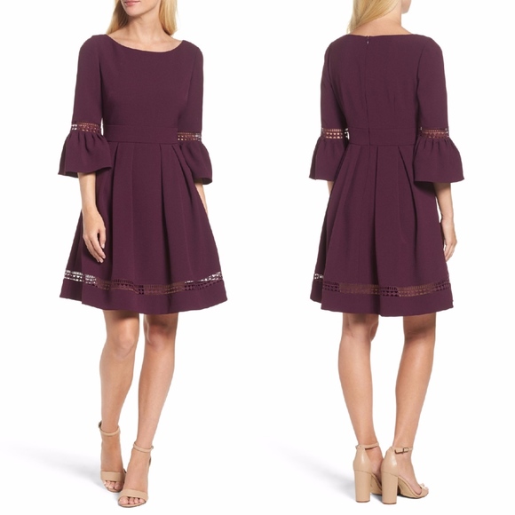 NEW ELIZA J BURGUNDY Bell Sleeve LACE INSET Fit & Flare DRESS 8